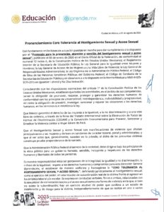Pronunciamiento Cero Tolerancia al Hostigamiento Sexual y Acoso Sexual